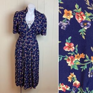 Vintage Navy Floral Midi Dress with Lace Inset
